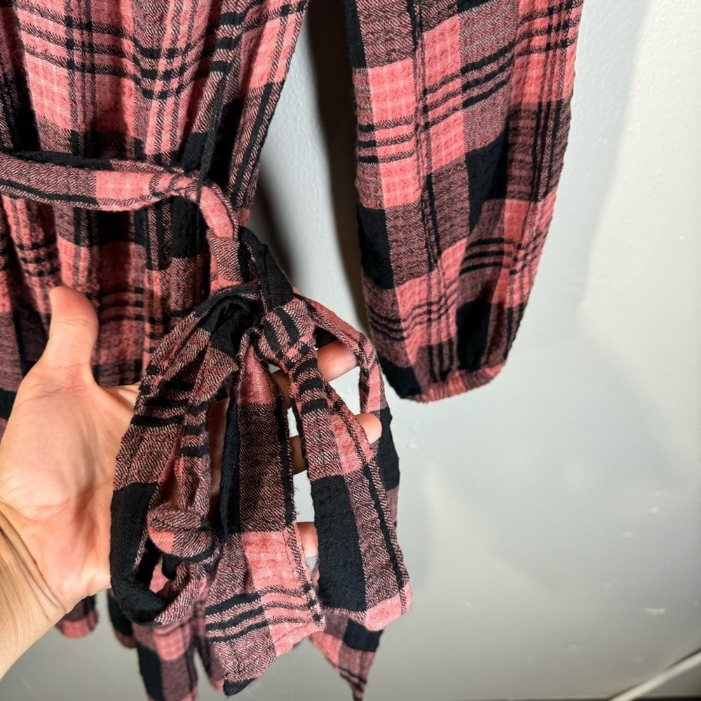 Anthropologie Cloth&Stone Plaid Daia Belted Tier Mini Dress Raglan Long Sleeves - Picture 6 of 16
